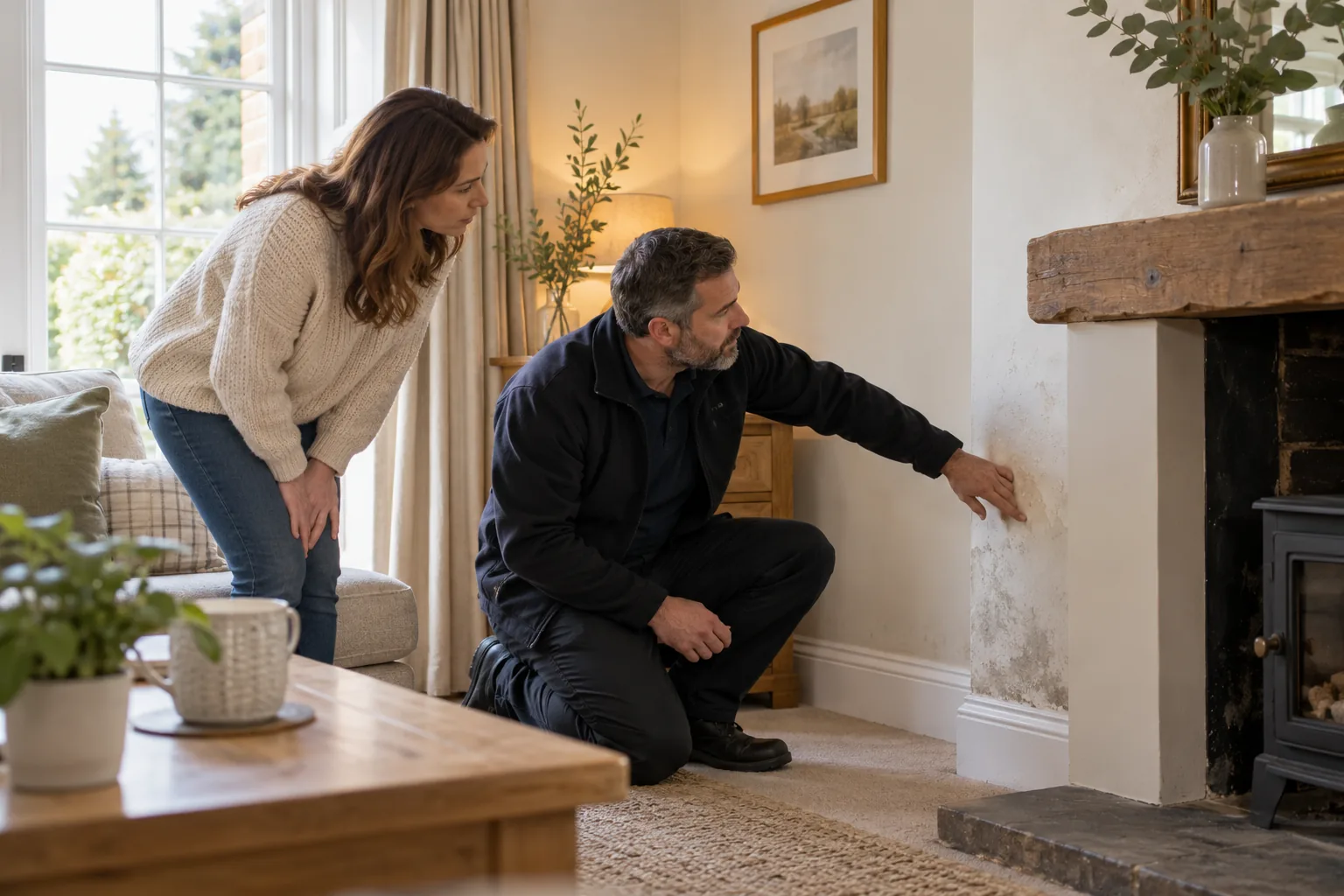 Illustrative warm British sitting room with inspector and homeowner discussing a wall condition, no writing
