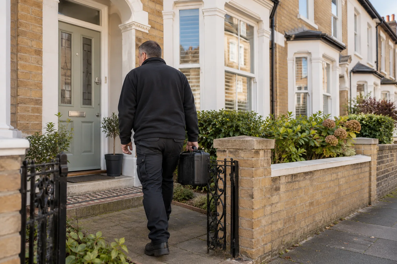 Illustrative professional in plain workwear arriving at modest British terraced home, no van branding
