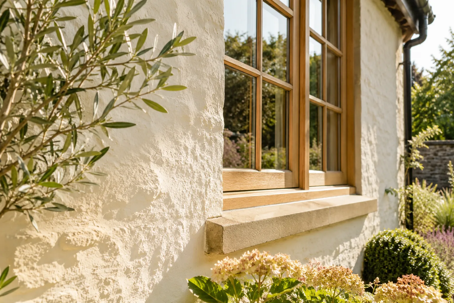 Illustrative close architectural detail of cream plaster wall, timber window and natural light