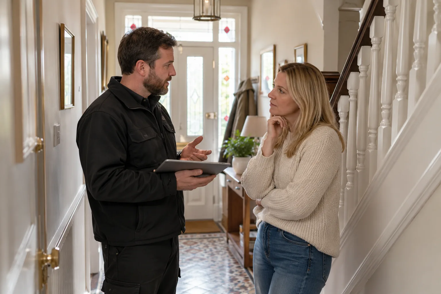 Illustrative professional listening to homeowner in a British hallway, respectful candid framing