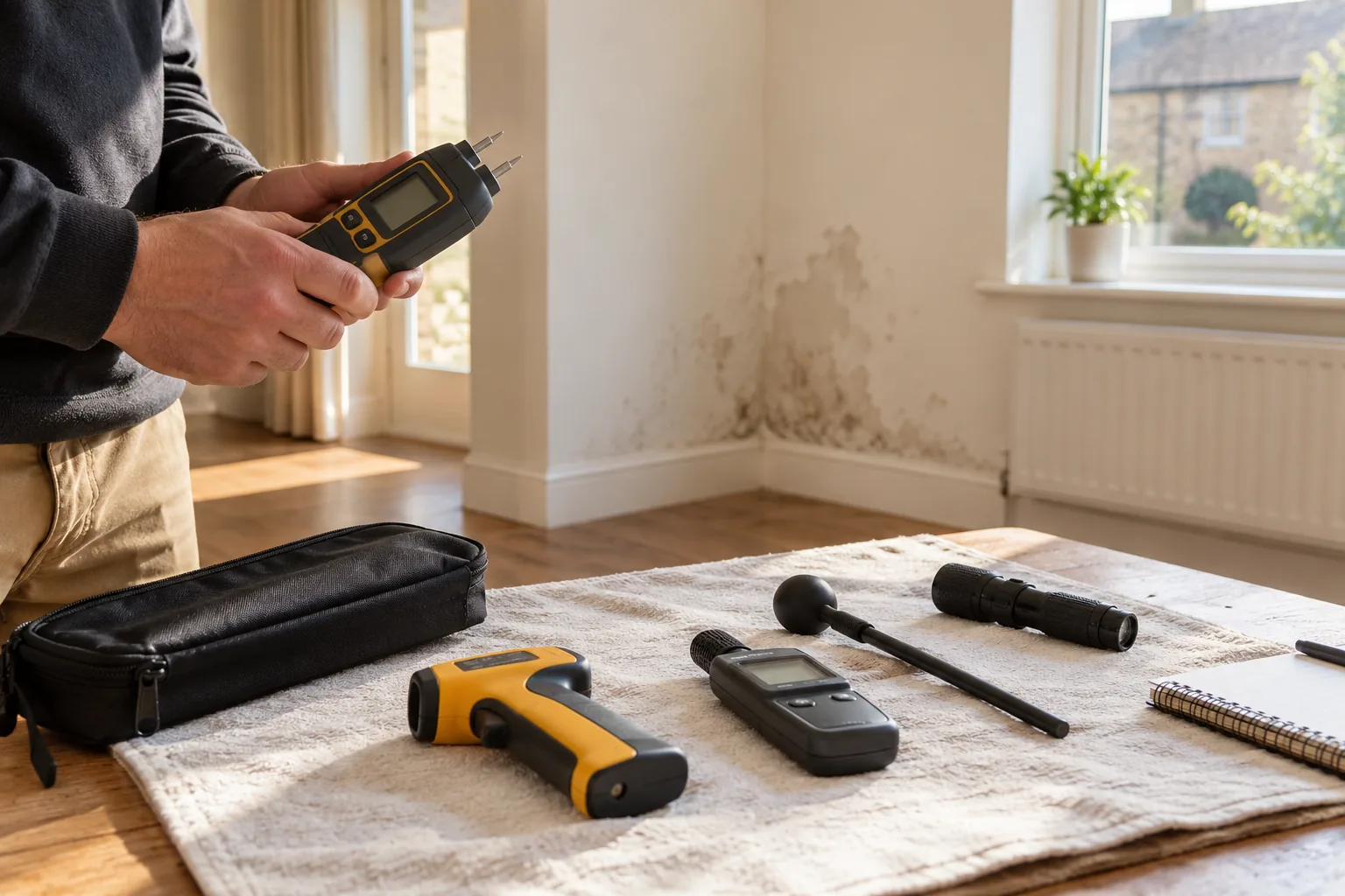 Illustrative unbranded inspection equipment neatly arranged on a plain cloth, no chemicals or invented machines