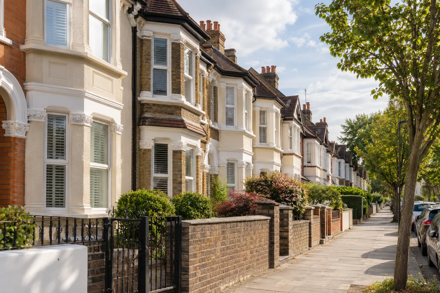 Illustrative british residential street of terraced houses in Wembley-like suburban London setting, no street signs