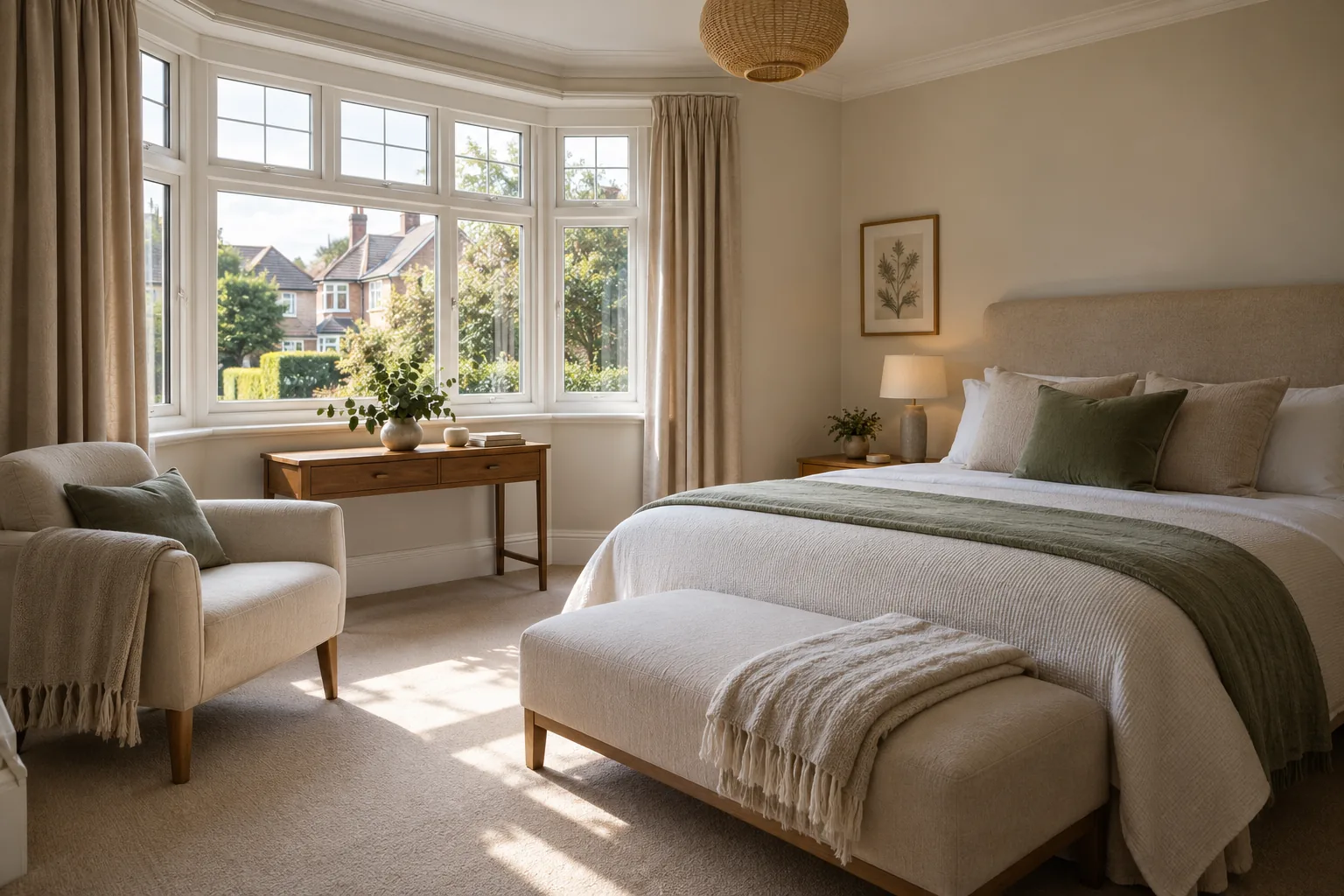 Illustrative quiet British bedroom with natural light and accessible furniture arrangement, no before-after implication
