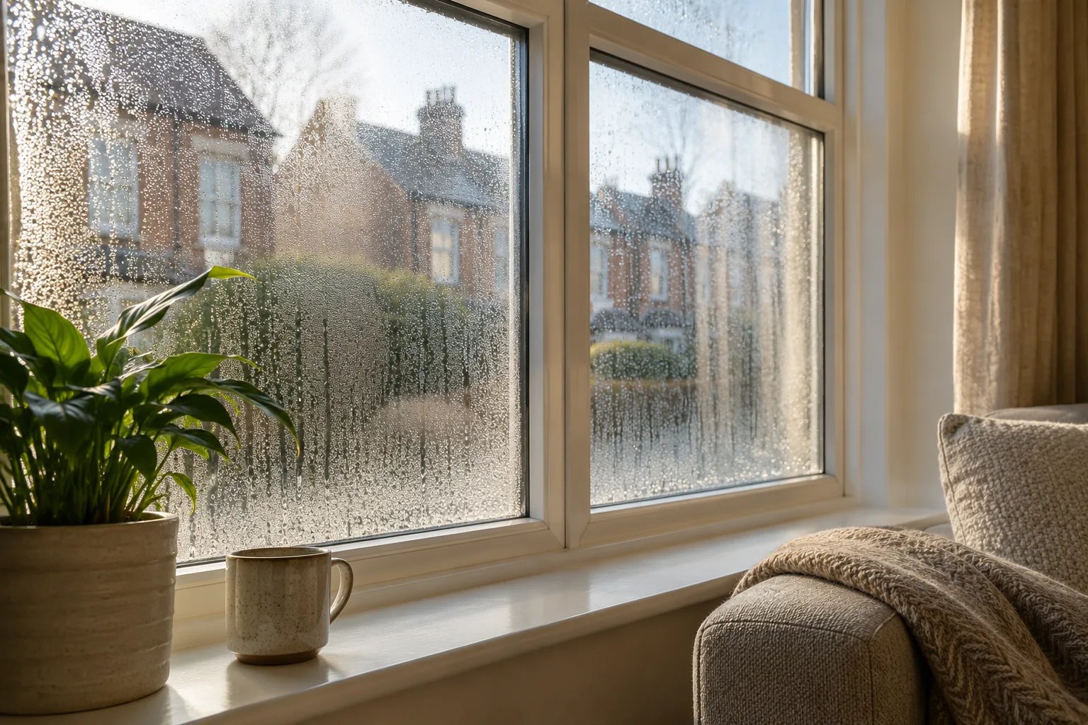 Illustrative british living room window with morning condensation, visible modest moisture droplets