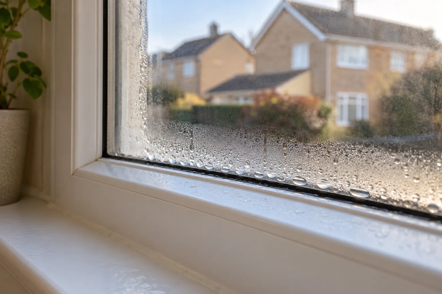 Illustrative close droplets gathering at bottom edge of double glazed British window