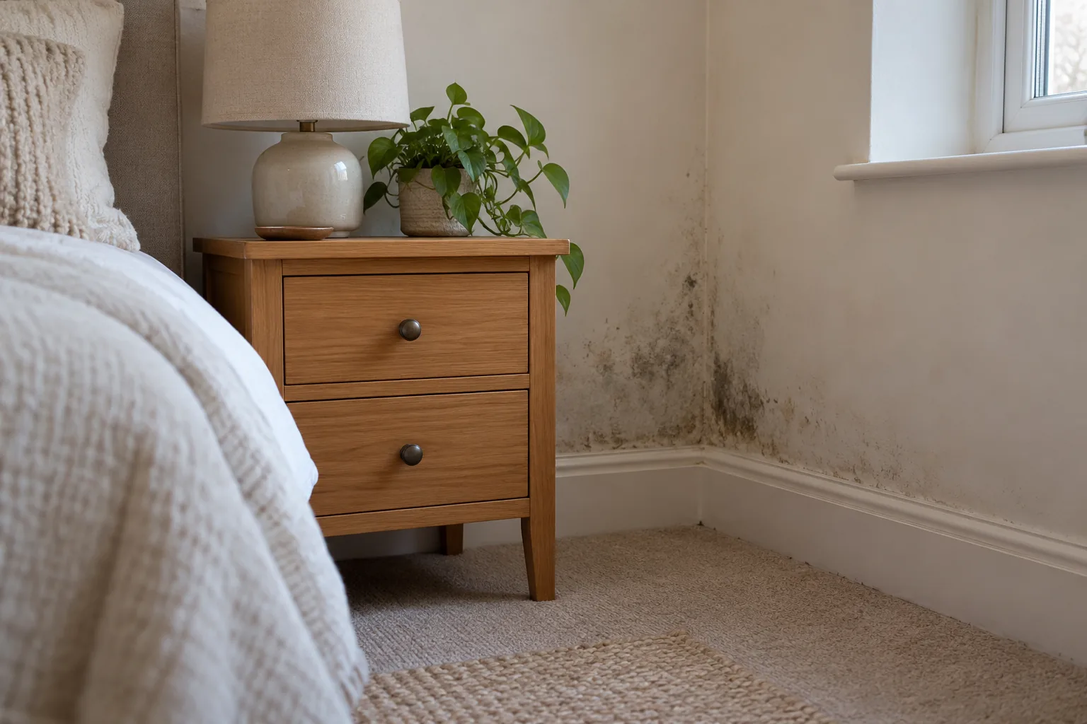 Illustrative cold bedroom corner showing subtle mould behind a bedside cabinet
