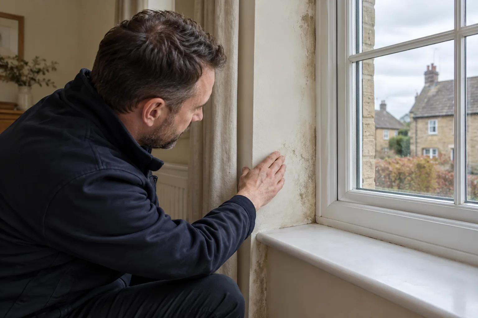 Illustrative professional inspecting a window reveal on a cool overcast day