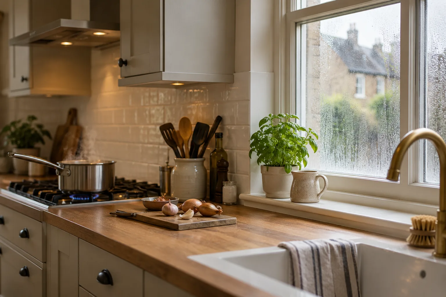 Illustrative british kitchen after cooking, light condensation on window with saucepan in background