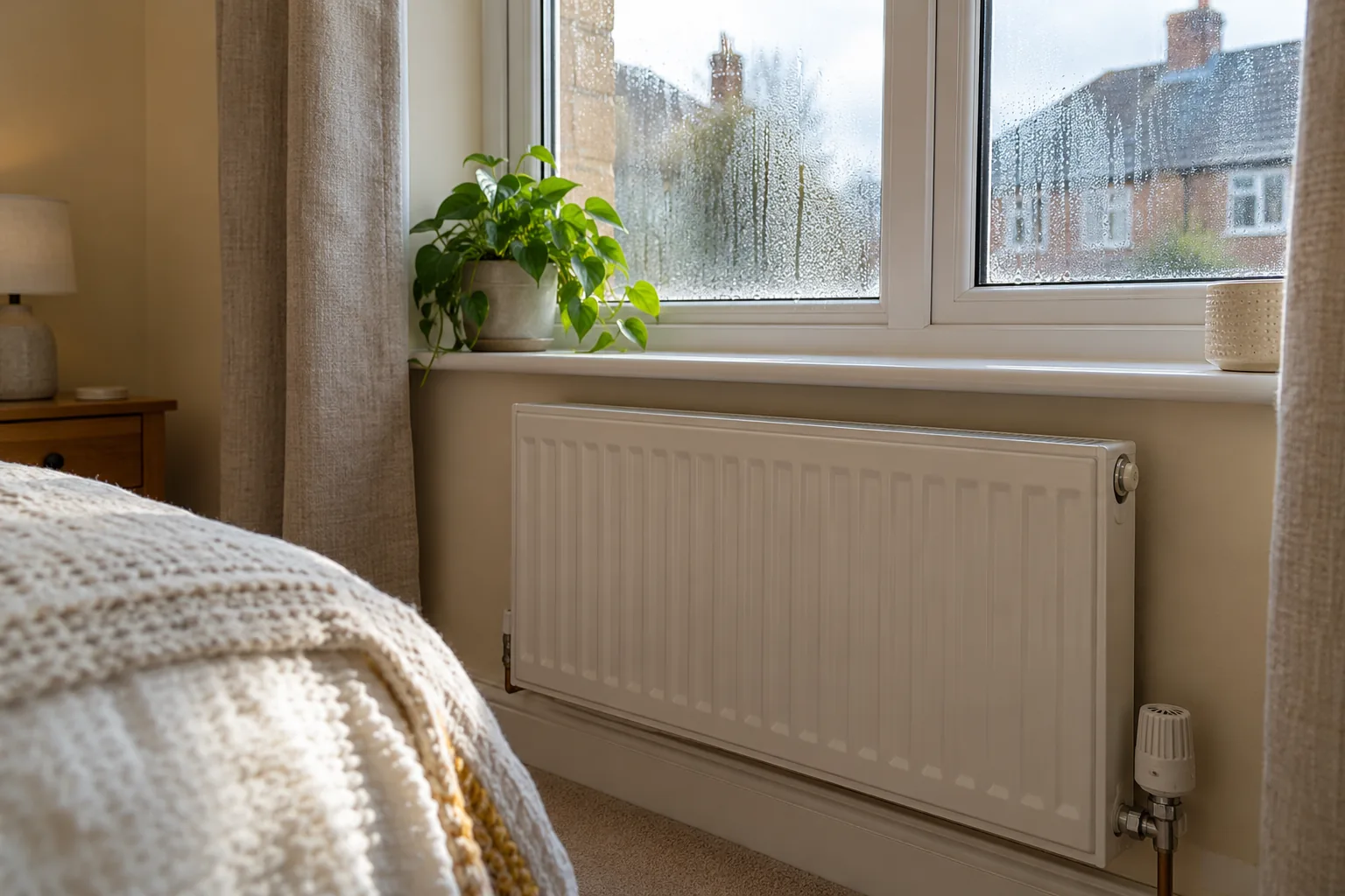 Illustrative british bedroom radiator below a window with condensation, realistic domestic detail