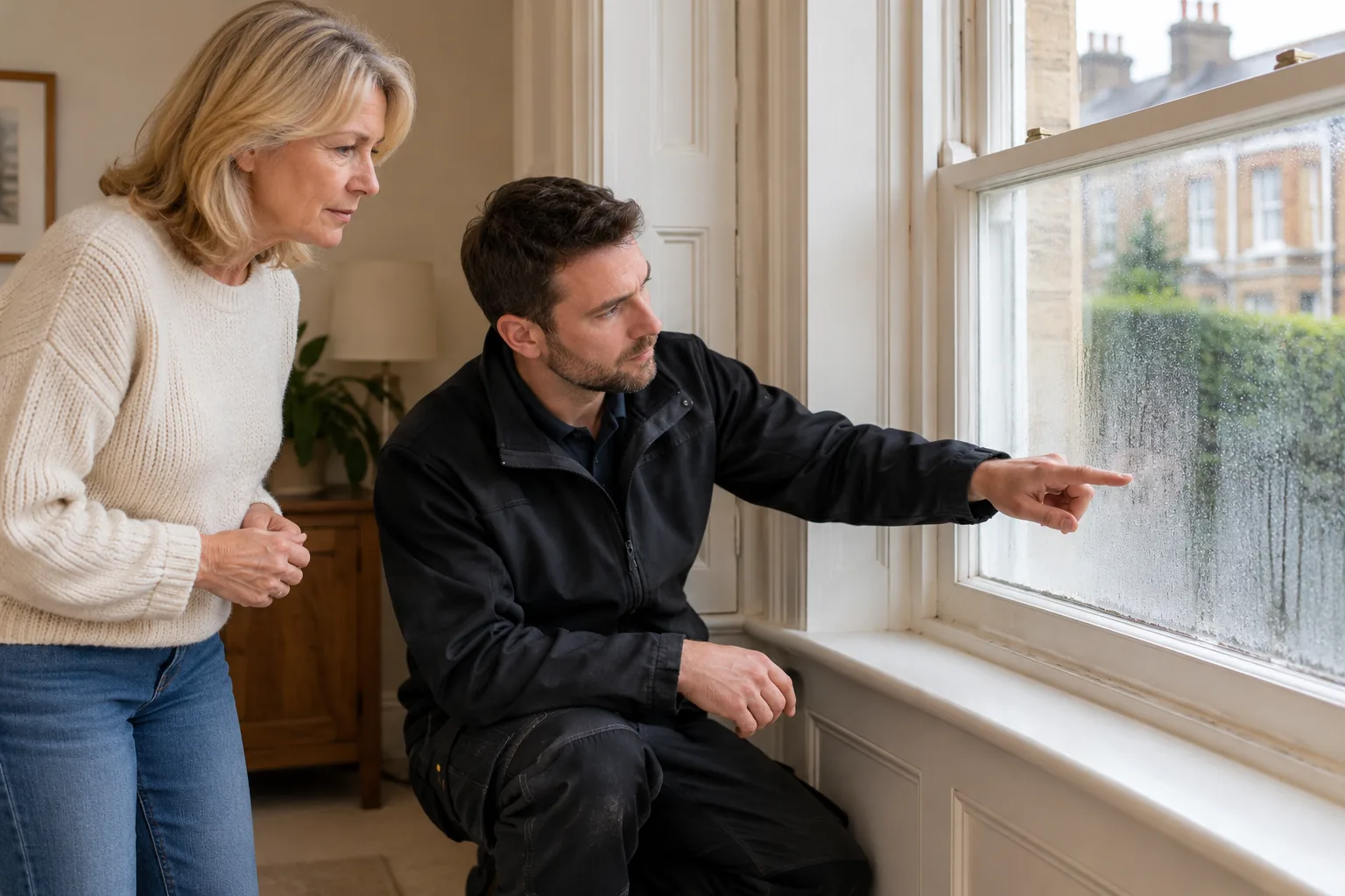 Illustrative homeowner and inspector discussing window moisture beside a sash window, no visible documents