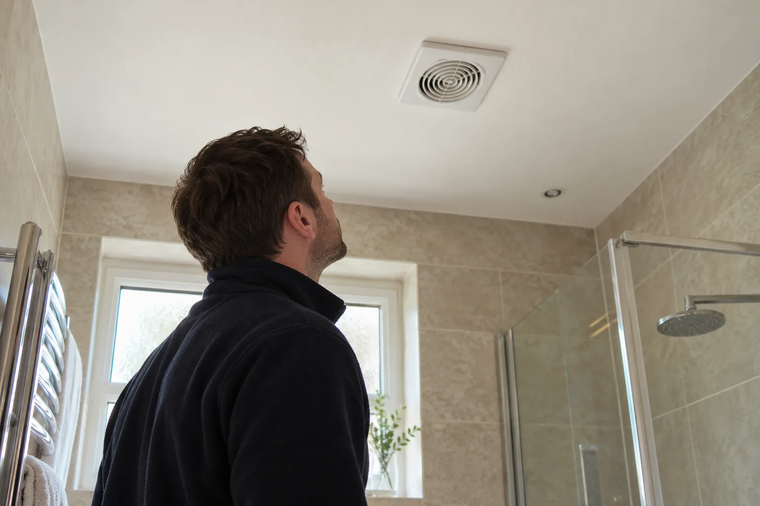 Illustrative professional observing ceiling extractor grille in British bathroom from safe floor position