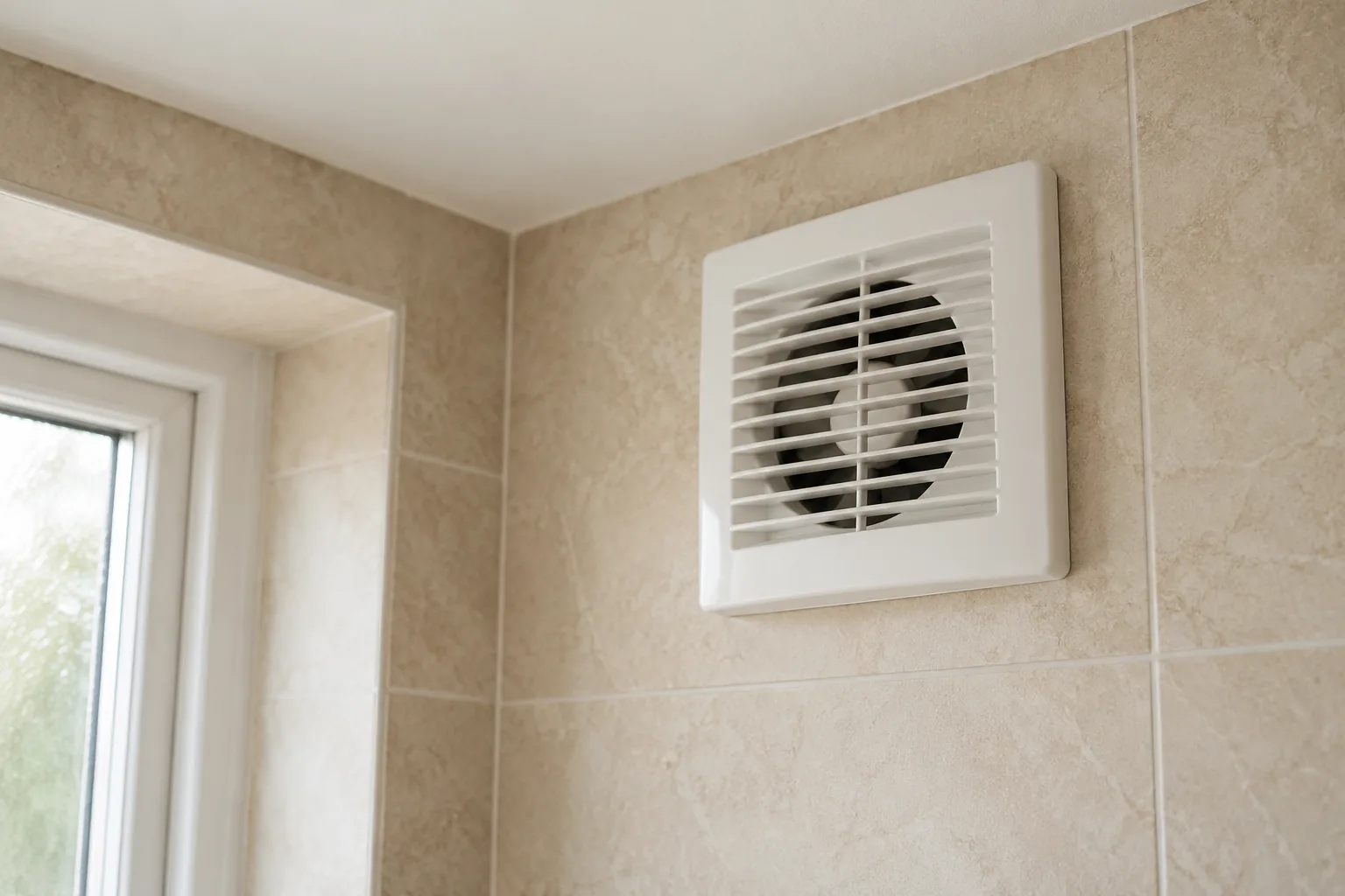 Illustrative close photograph of a clean unbranded bathroom extractor grille on tiled wall