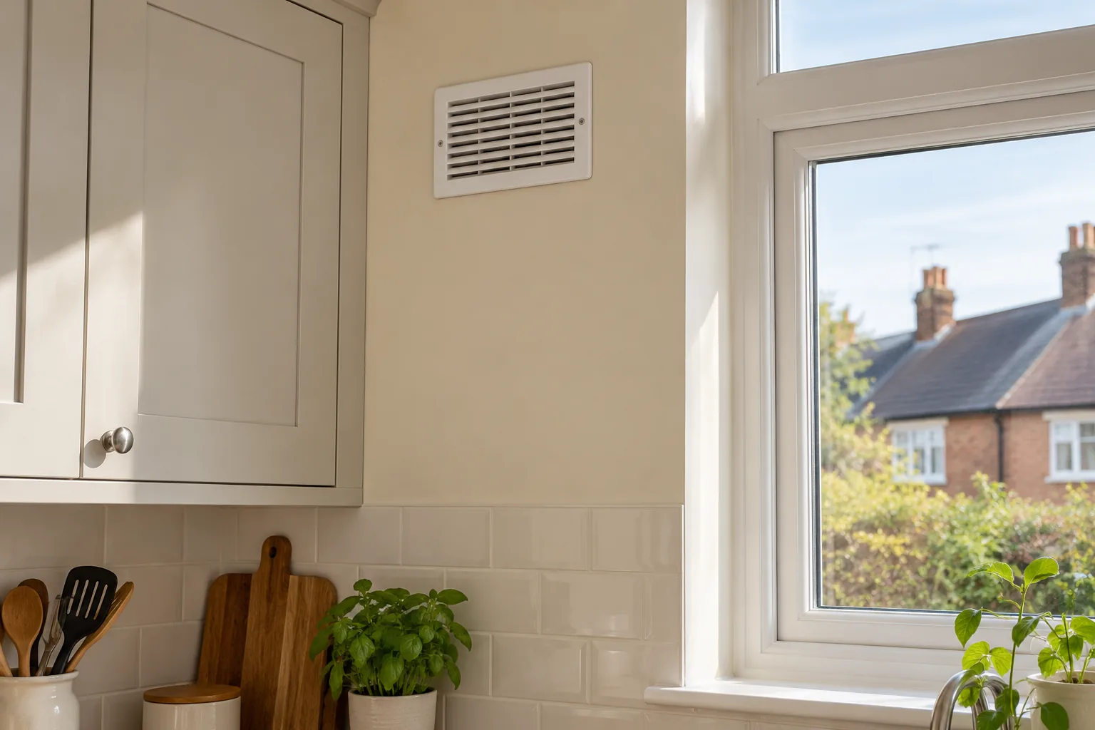 Illustrative british kitchen ventilation grille and window, realistic domestic environment