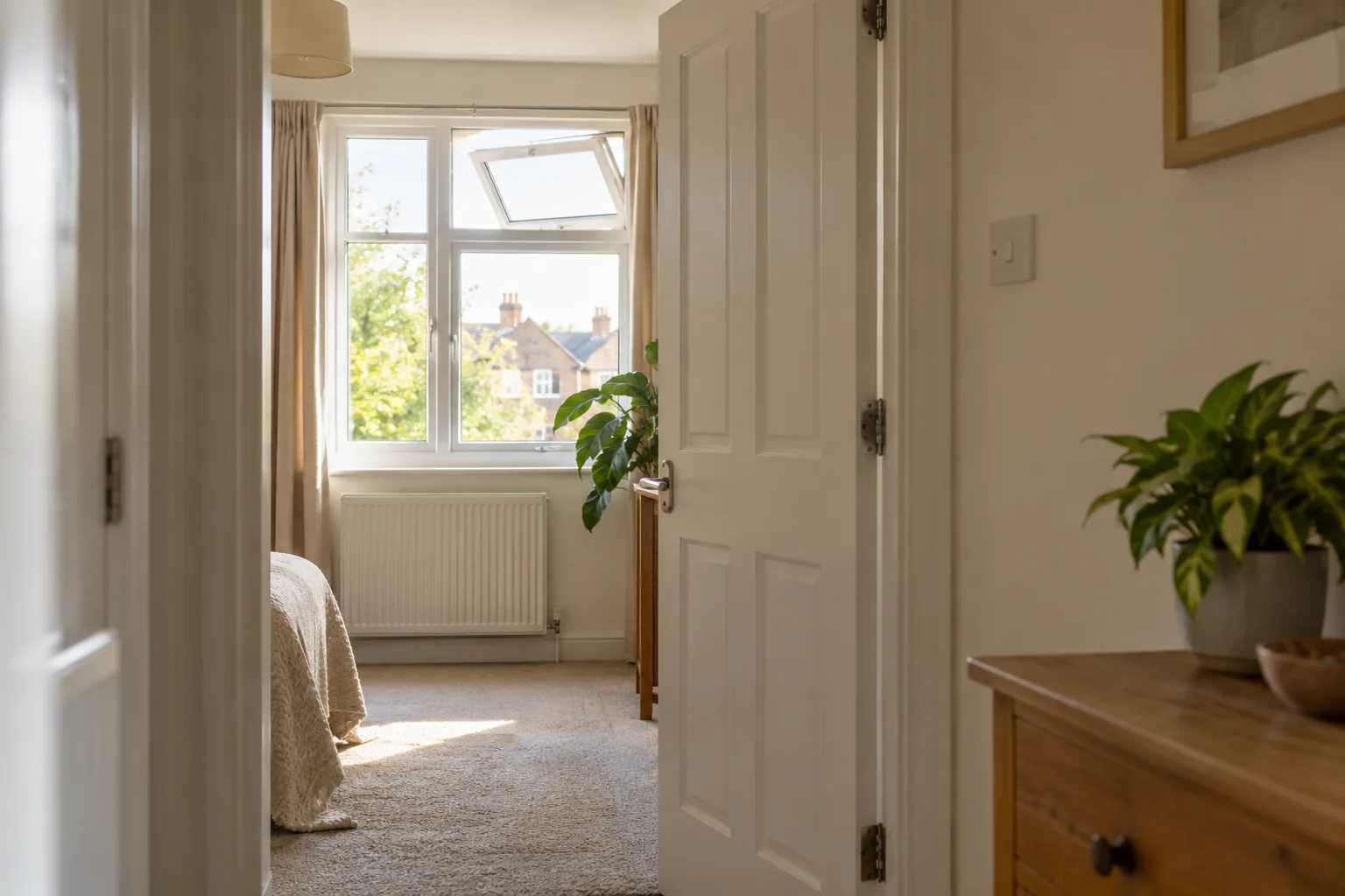 Illustrative open internal door and window ventilation route in modest British flat