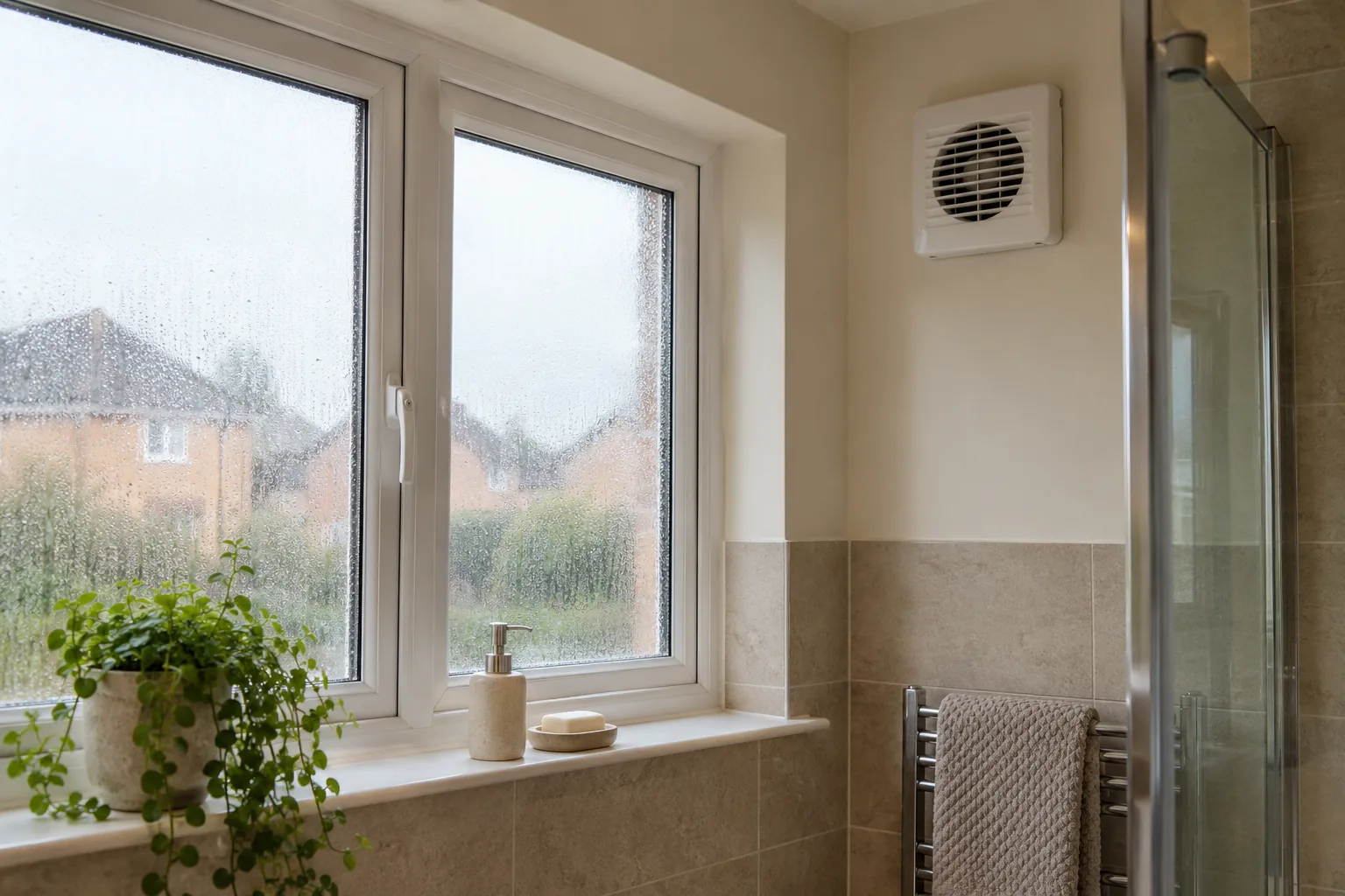 Illustrative bathroom window with light condensation and visible extractor on adjacent wall