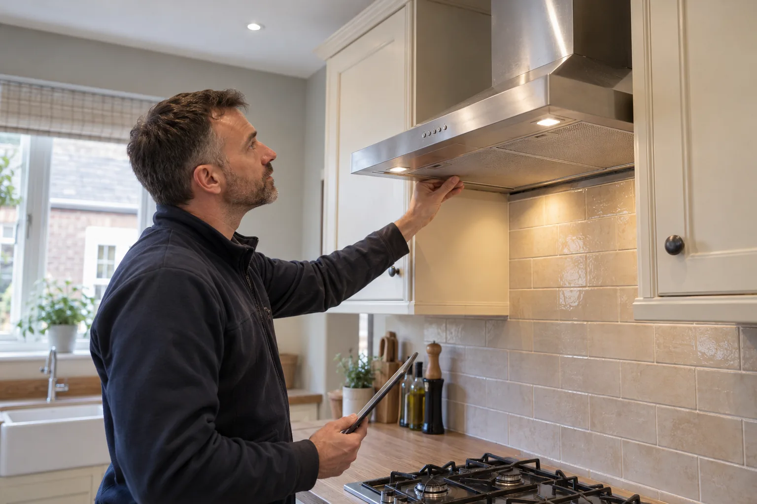 Illustrative professional looking at kitchen cooker hood ventilation arrangement without dismantling
