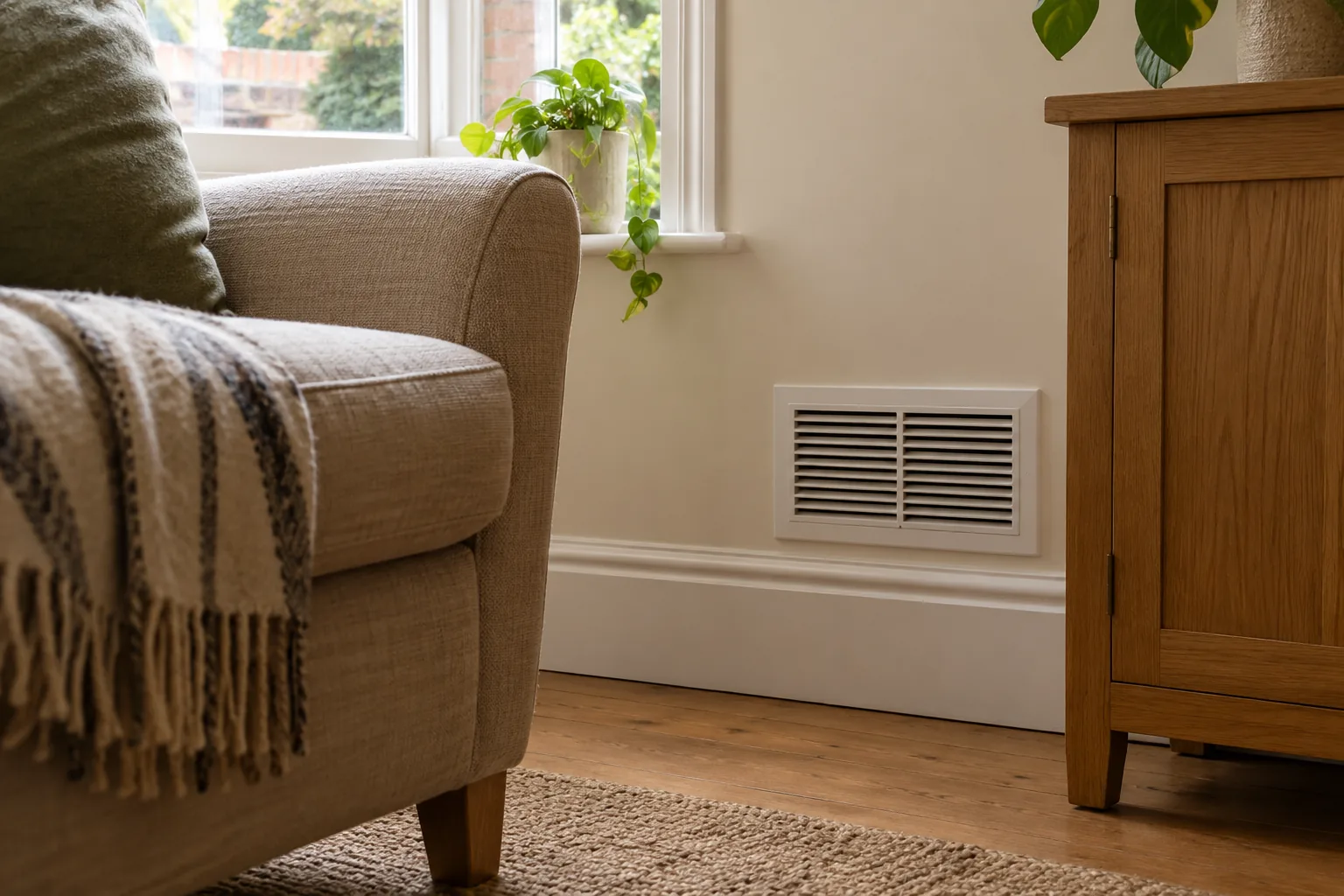 Illustrative british home air vent partly obstructed by furniture, naturally lit close composition