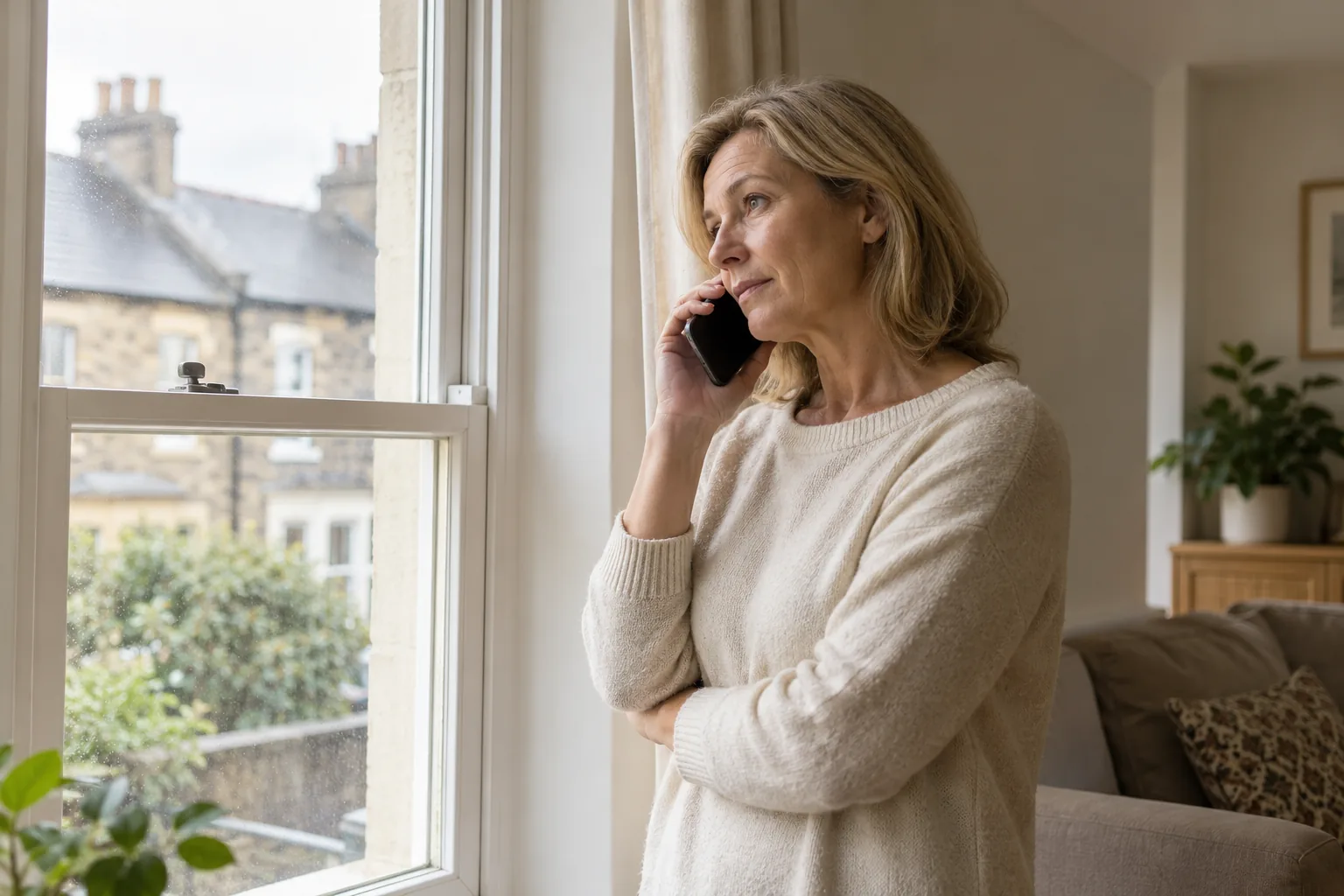 Illustrative british homeowner speaking on phone near a window in naturally lit home