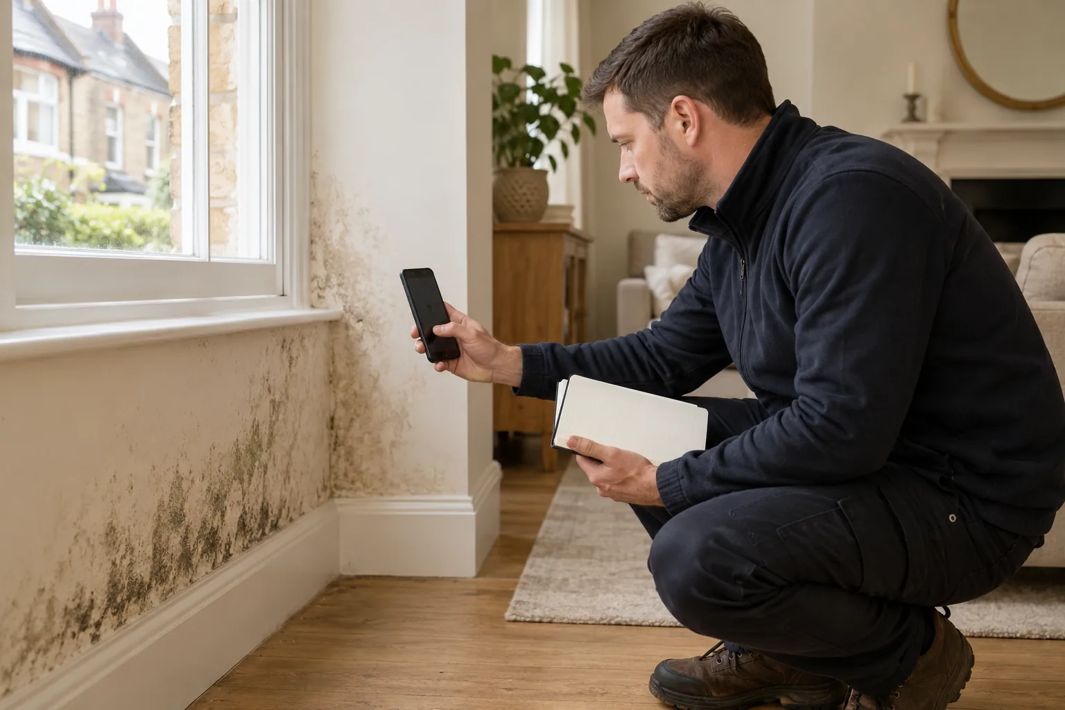 Illustrative professional holding an unbranded phone and blank notebook in British home setting