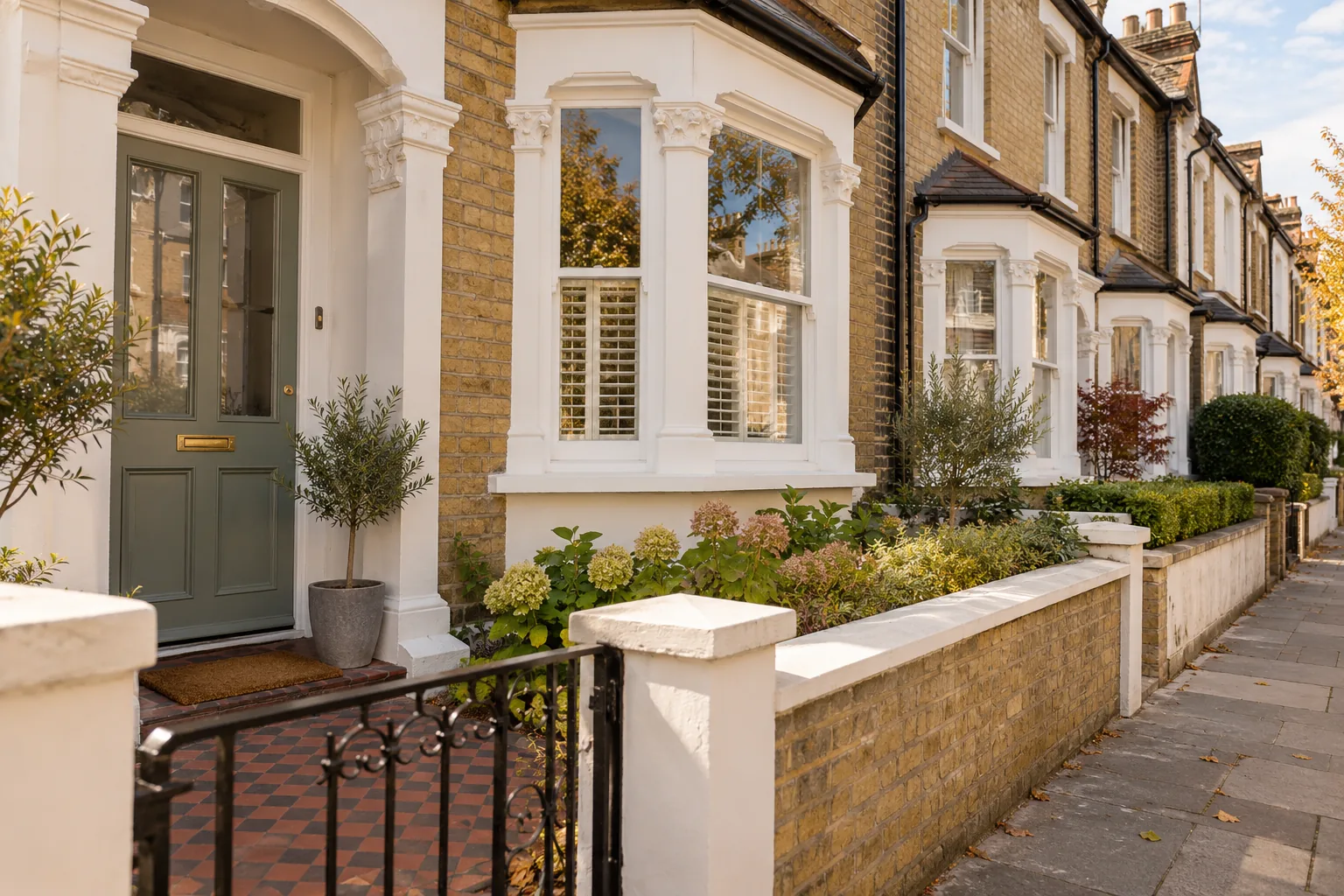 Illustrative wide British terraced house frontage with front path and warm natural colours, no address numbers