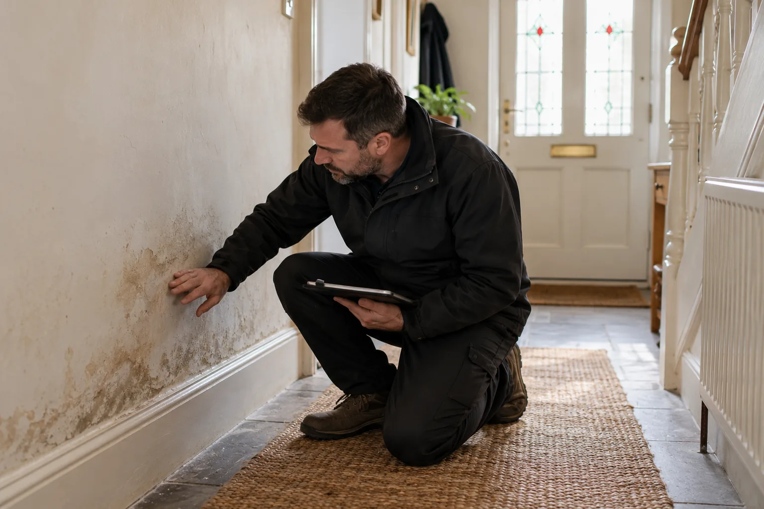 Illustrative damp inspection in a British ground floor hallway, professional observing low wall staining