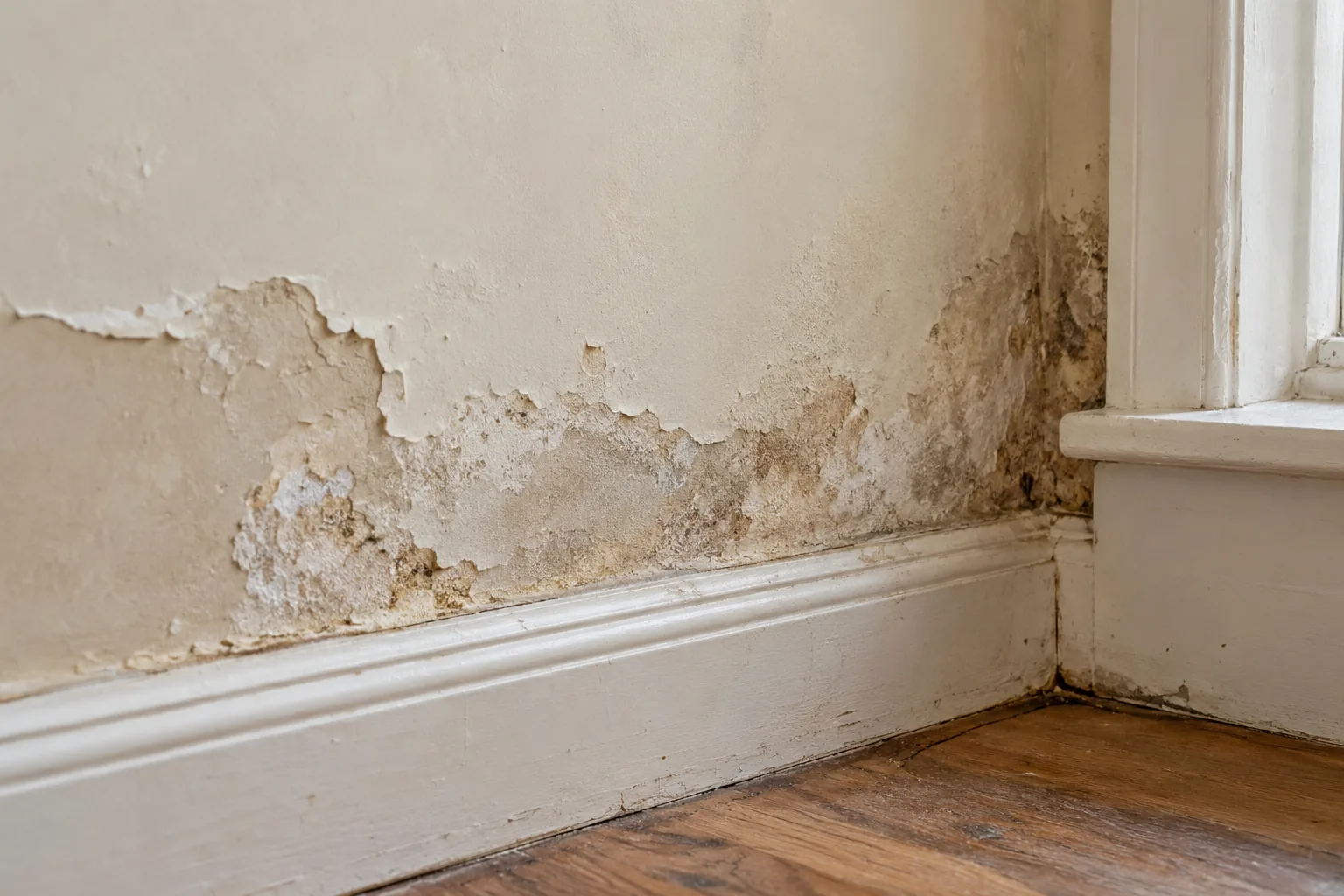 Illustrative close detailed photograph of peeling paint and moisture marks above timber skirting