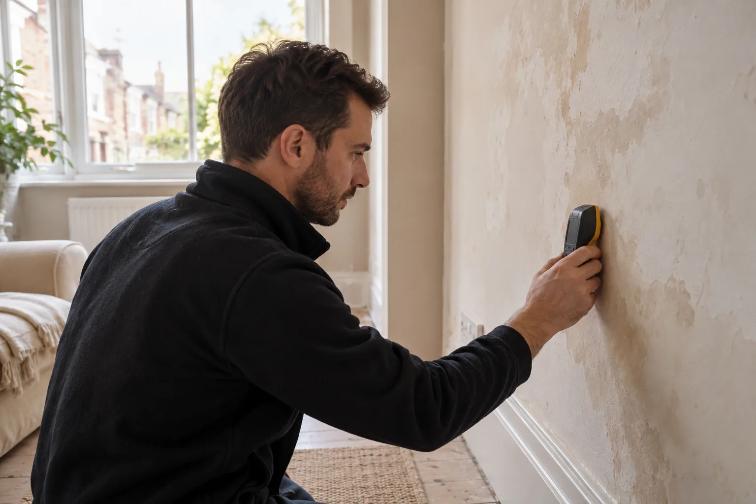 Illustrative unbranded pinless moisture meter applied to plaster wall, display hidden from camera