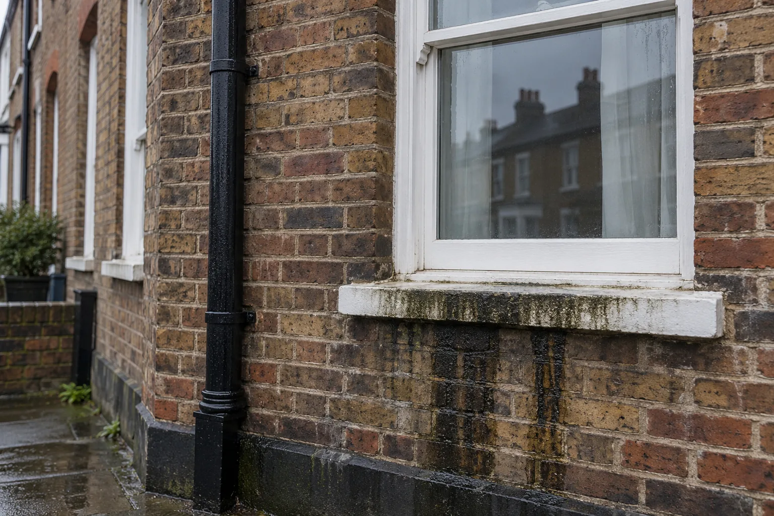 Illustrative external brickwork and window sill with rain staining