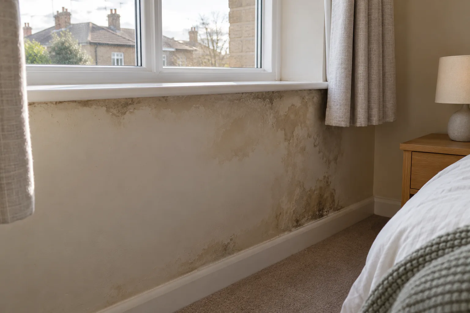 Illustrative damp patch beneath an upstairs window in a modest British bedroom