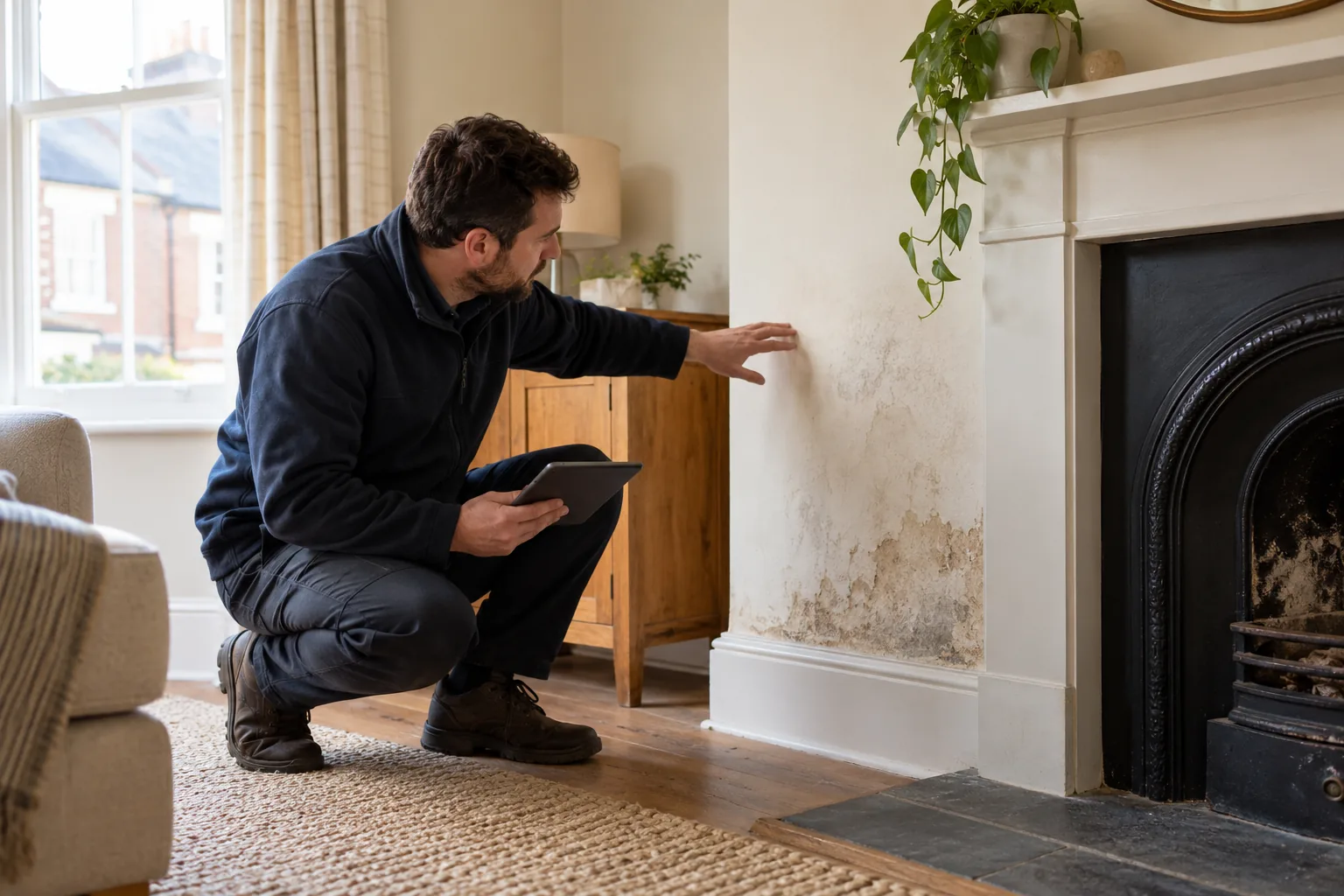 Illustrative inspector looking at a patch beside a chimney breast in British home