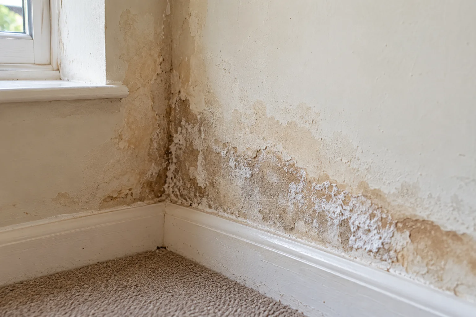 Illustrative close photograph of plaster and painted finish with salt-like marks and discolouration, no diagnosis text