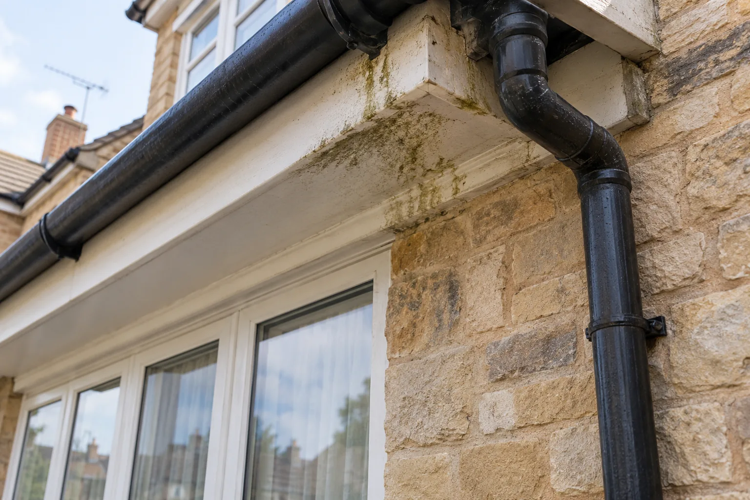 Illustrative british terraced house exterior rainwater gutter and downpipe with visible water staining