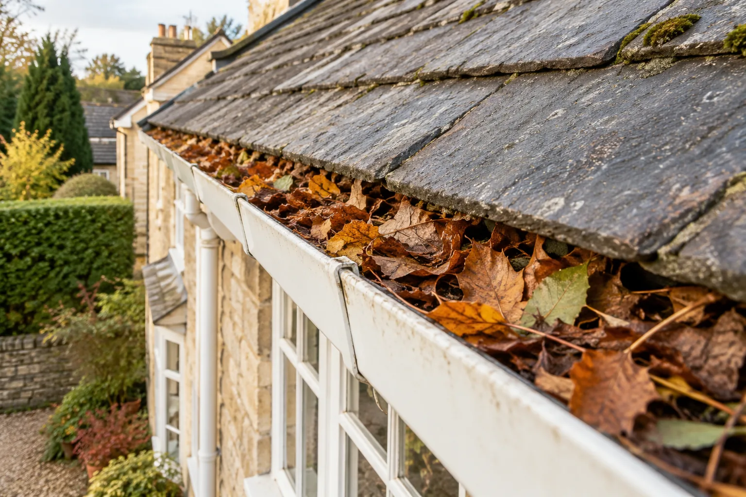 Illustrative close photograph of leaves gathered inside accessible low gutter, no person on ladder