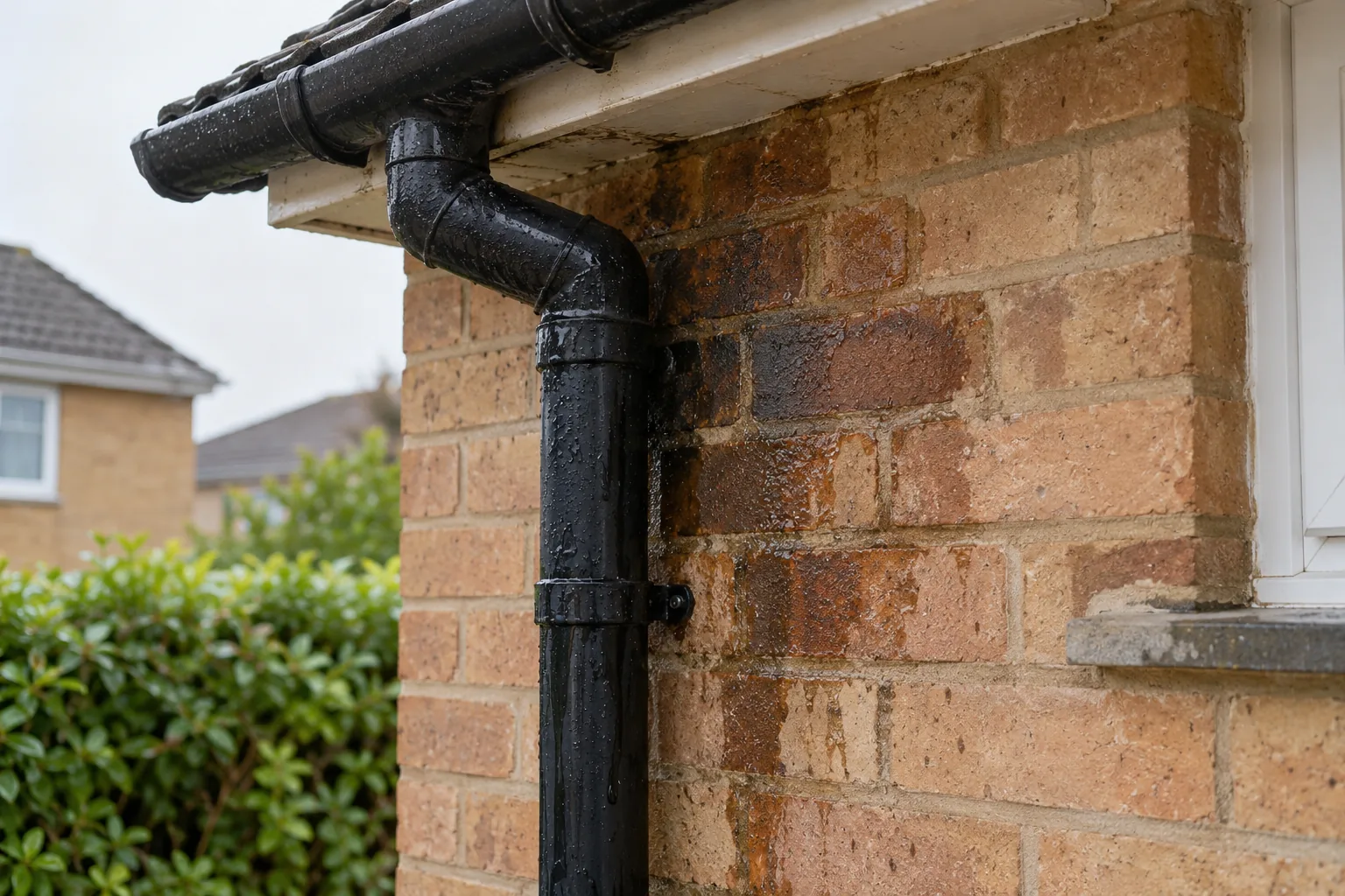 Illustrative brickwork darkened near downpipe joint in a British house after rain