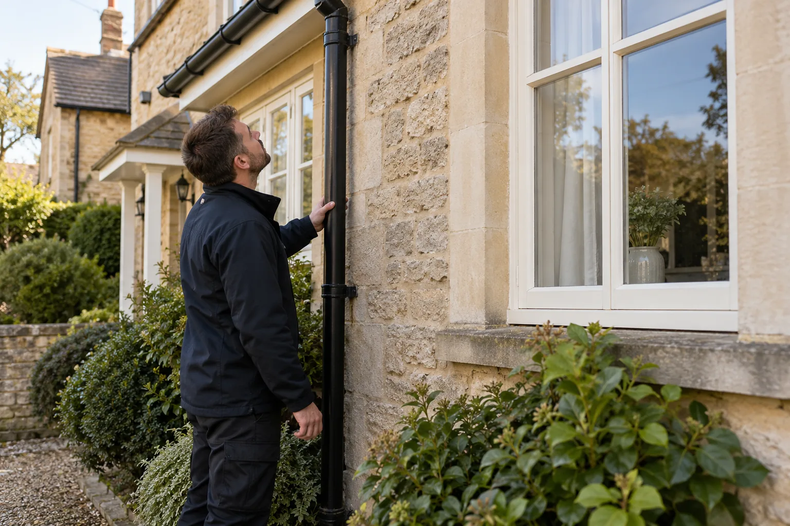 Illustrative professional visually checking rainwater pipe from ground level in British front garden