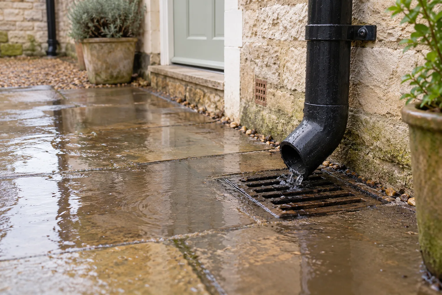 Illustrative rainwater pooling beside a domestic drain and downpipe in a British courtyard