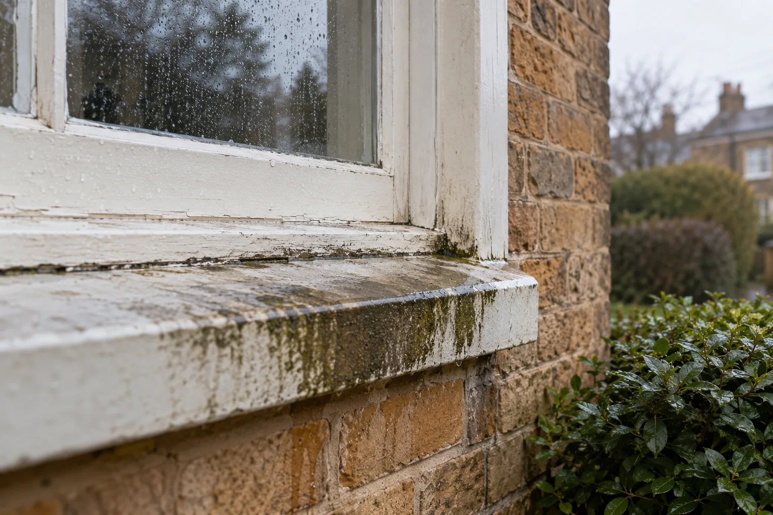 Illustrative weathered external window sill and brick wall with rain marks on overcast day