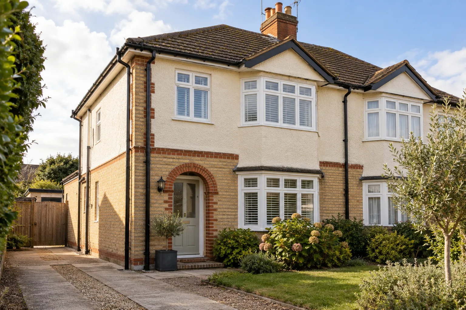 Illustrative wide British semi detached property showing gutter routes and restrained natural garden
