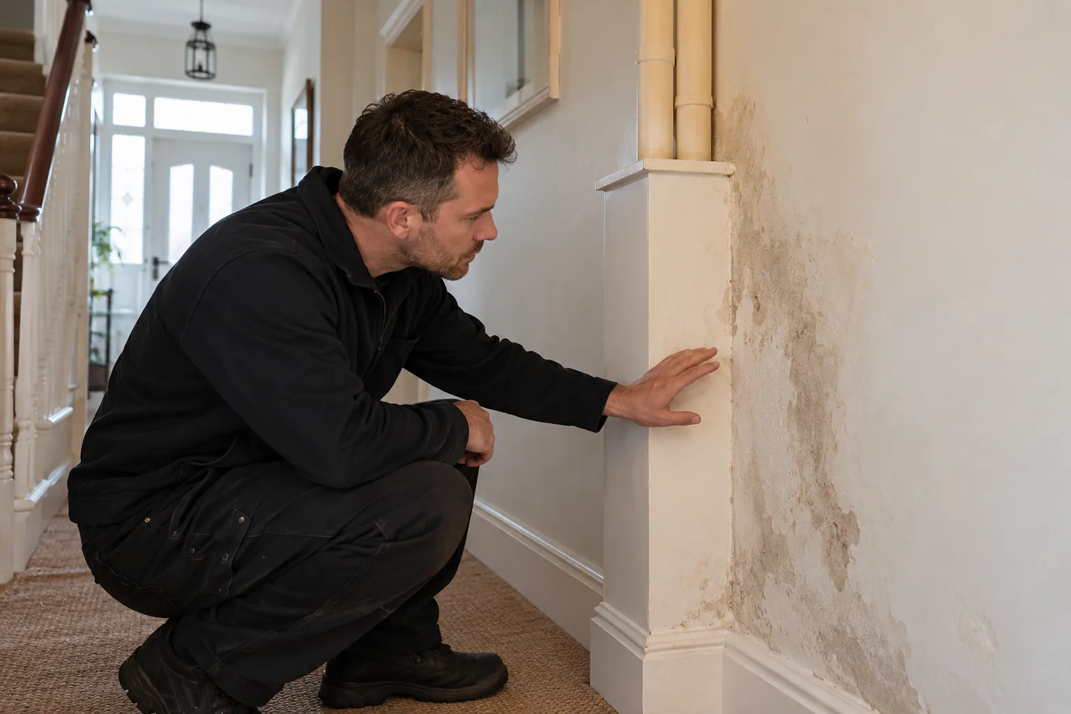 Illustrative professional examining unexplained damp stain on British hallway wall beside enclosed pipe route
