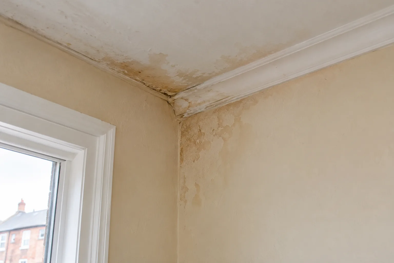 Illustrative close moisture stain along ceiling and wall junction in British flat