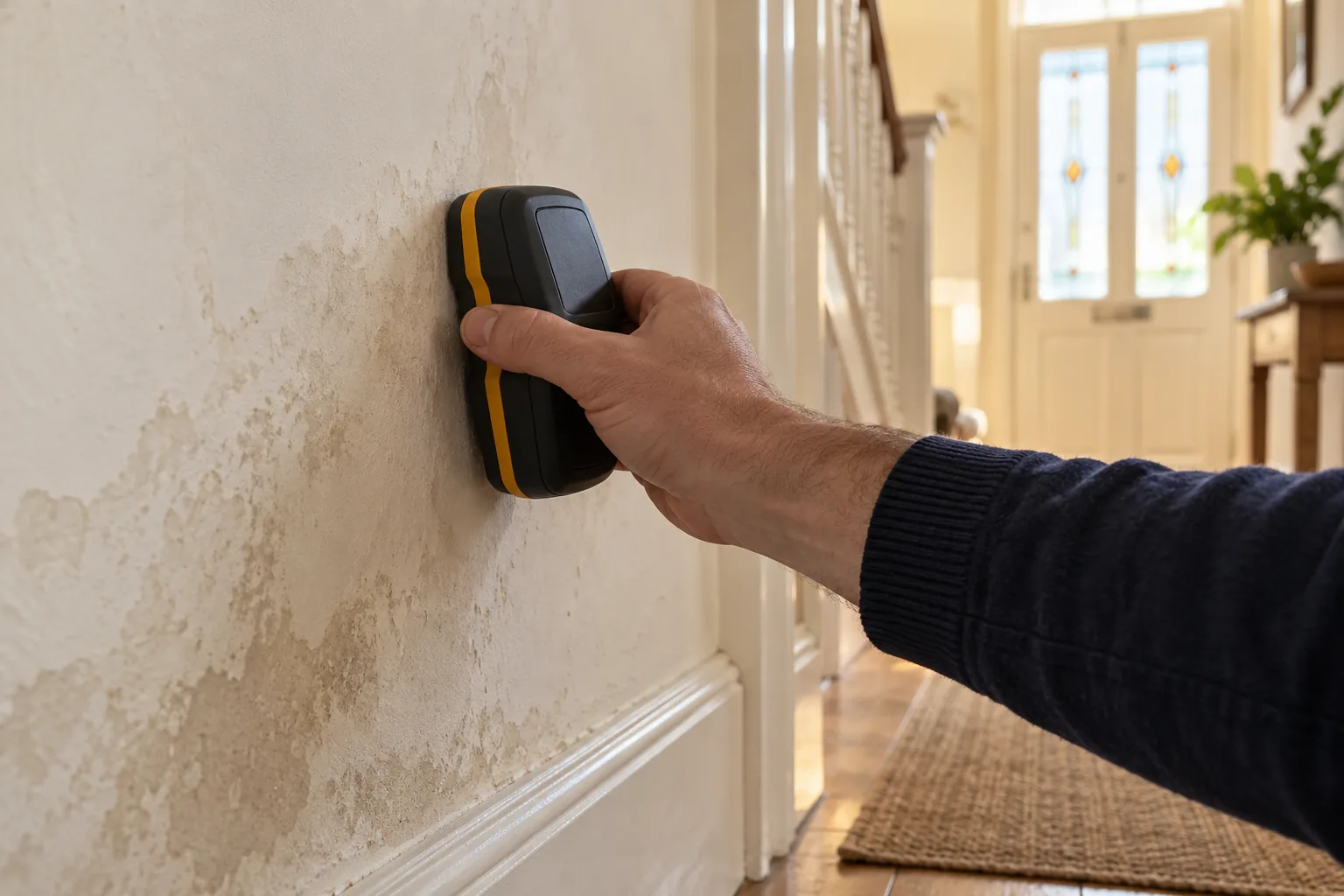 Illustrative moisture meter held against a damp British hallway wall