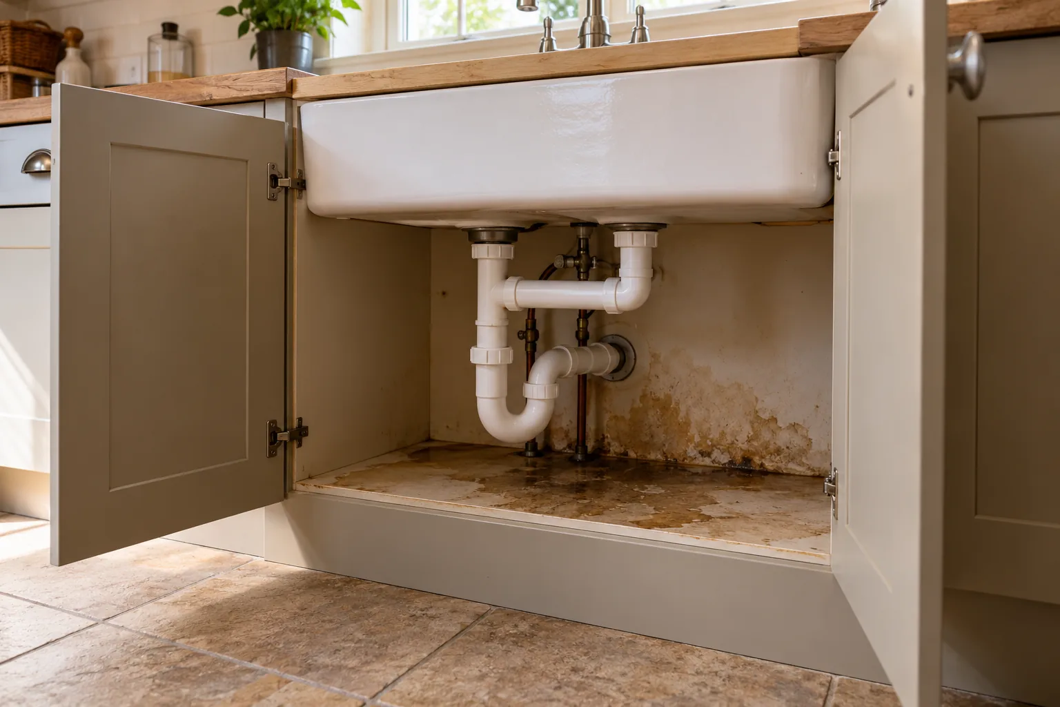 Illustrative british kitchen sink cupboard open with intact pipes and damp cabinet base, no repair activity
