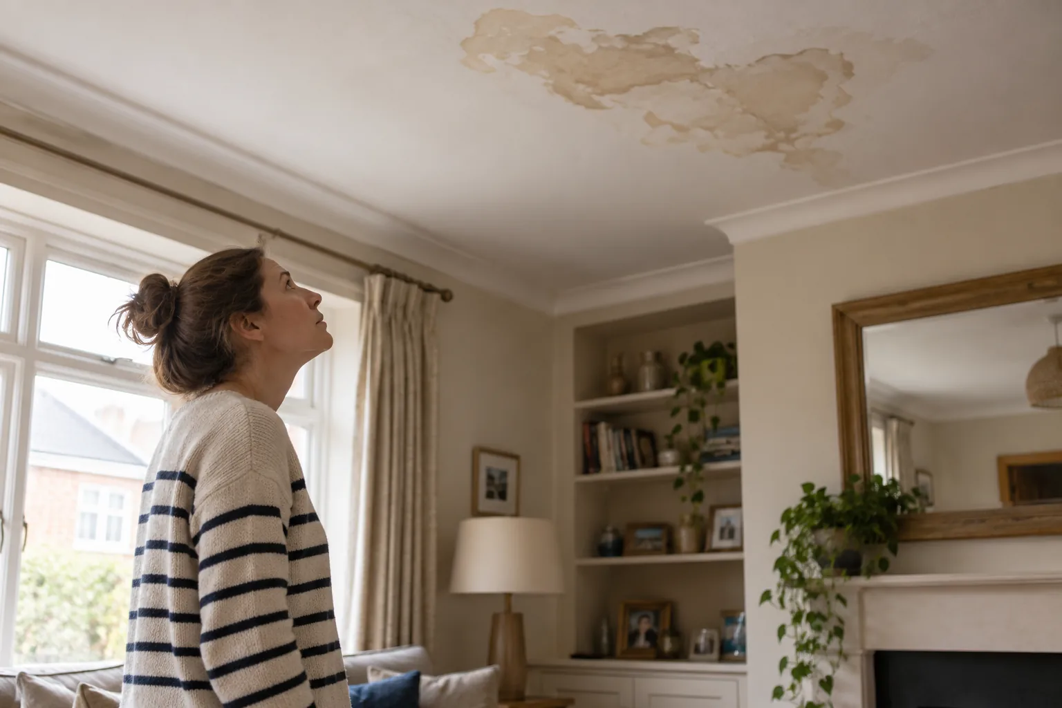 Illustrative ceiling stain beneath an upstairs bathroom in realistic British living room