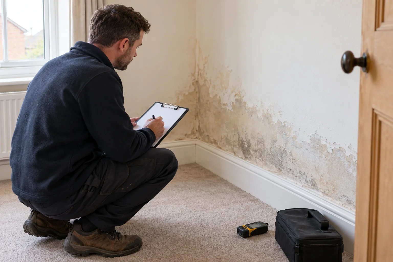 Illustrative professional documenting wall moisture pattern on blank clipboard, equipment unbranded