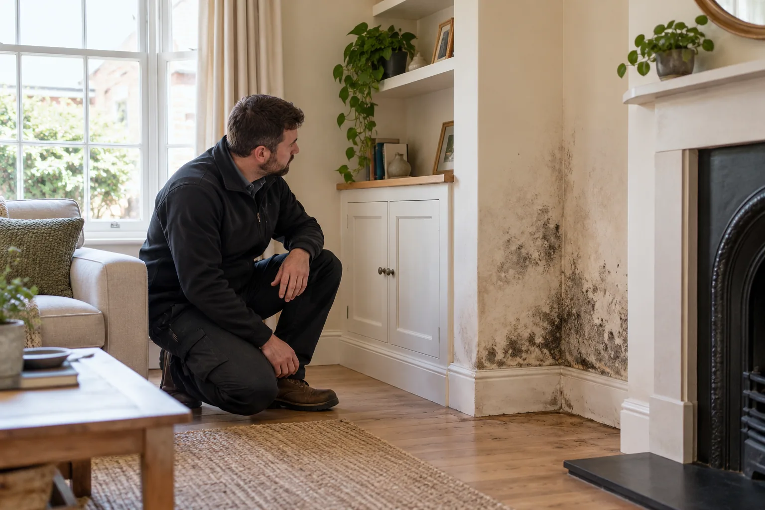 Illustrative wide view of inspector visually examining a mould affected alcove in British sitting room