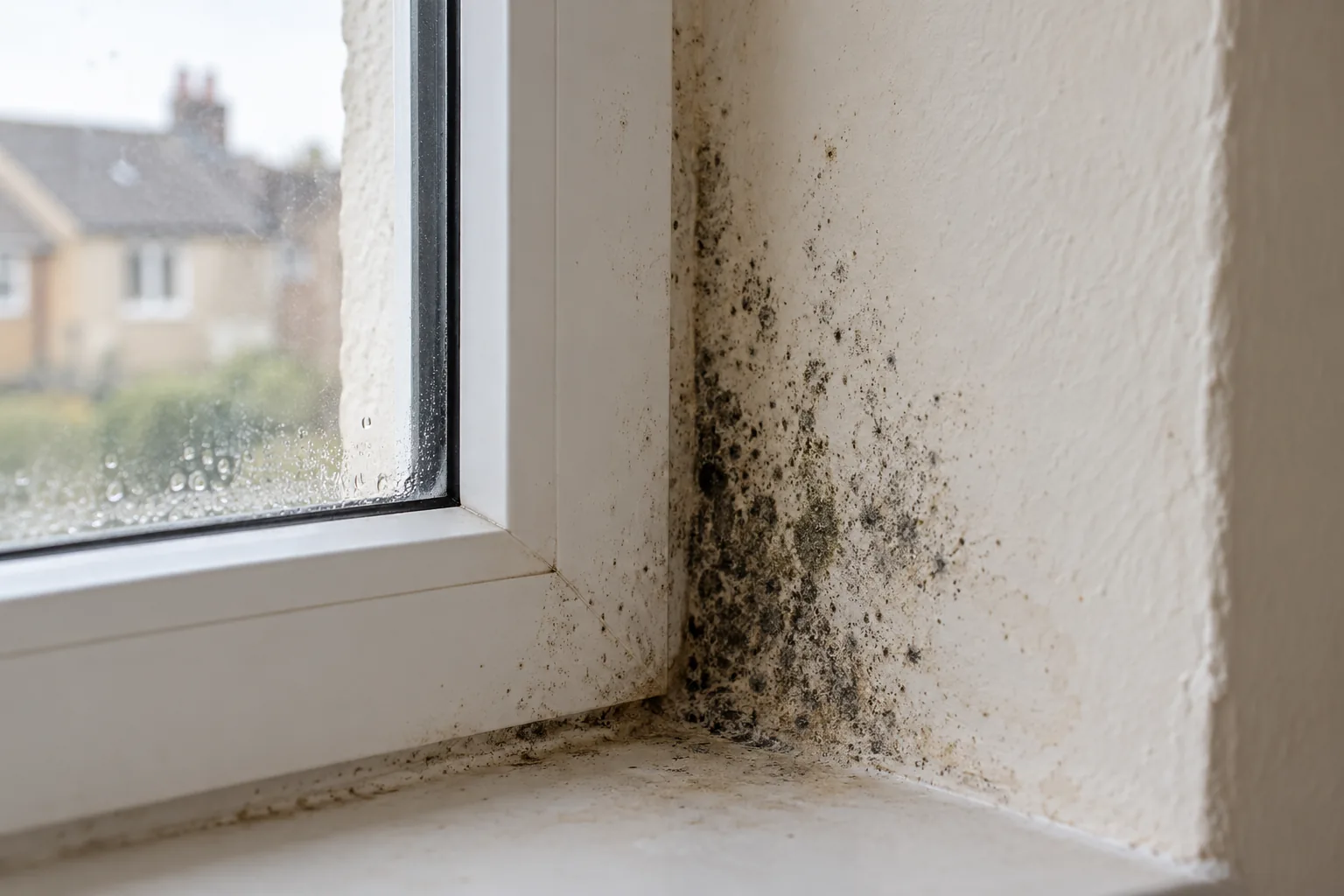 Illustrative macro editorial photograph of mould spotting on a window reveal and adjacent paint