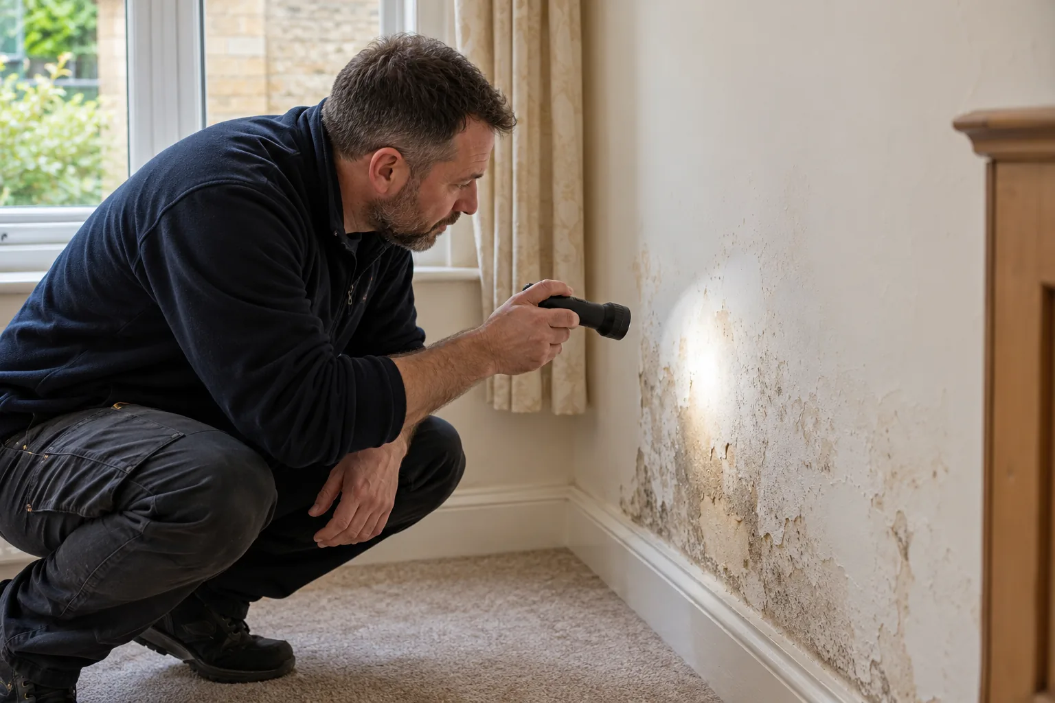 Illustrative inspector using a small unbranded torch to view wall surface, realistic hand
