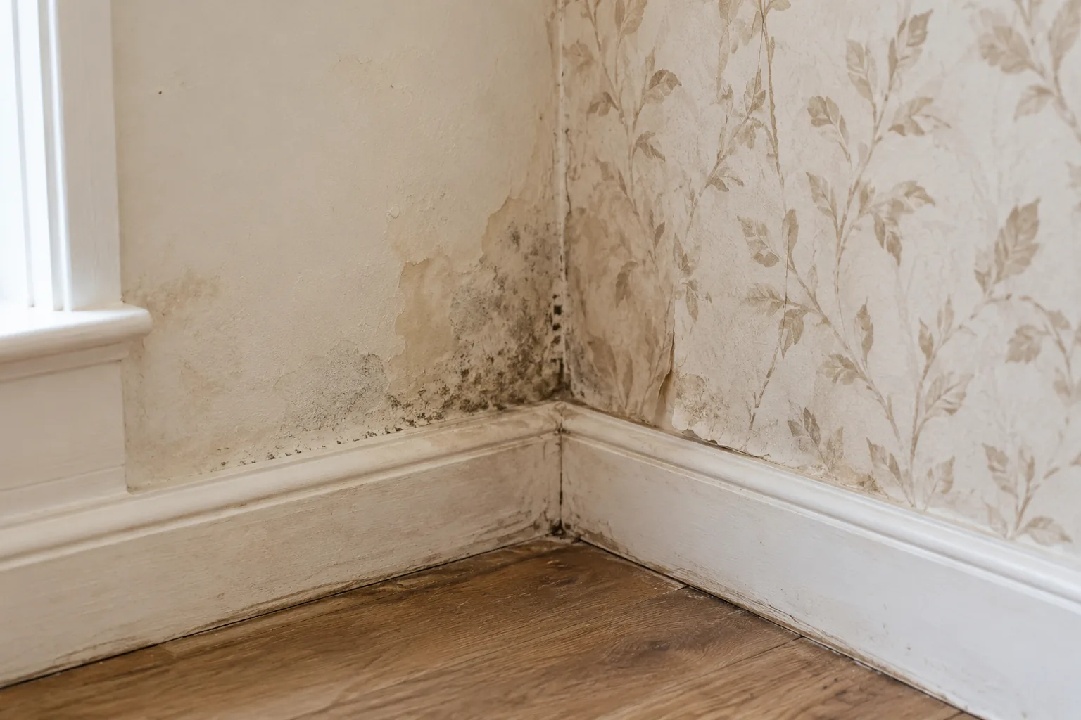 Illustrative different material finishes meeting at a damp corner: painted plaster, timber skirting and wallpaper
