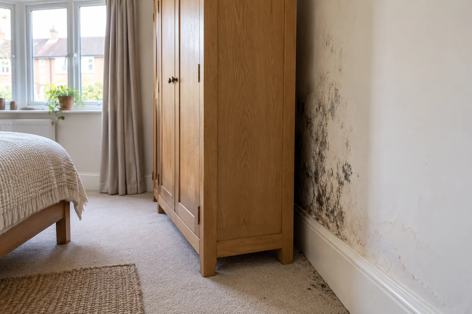 Illustrative british bedroom wardrobe slightly away from exterior wall revealing local mould patches
