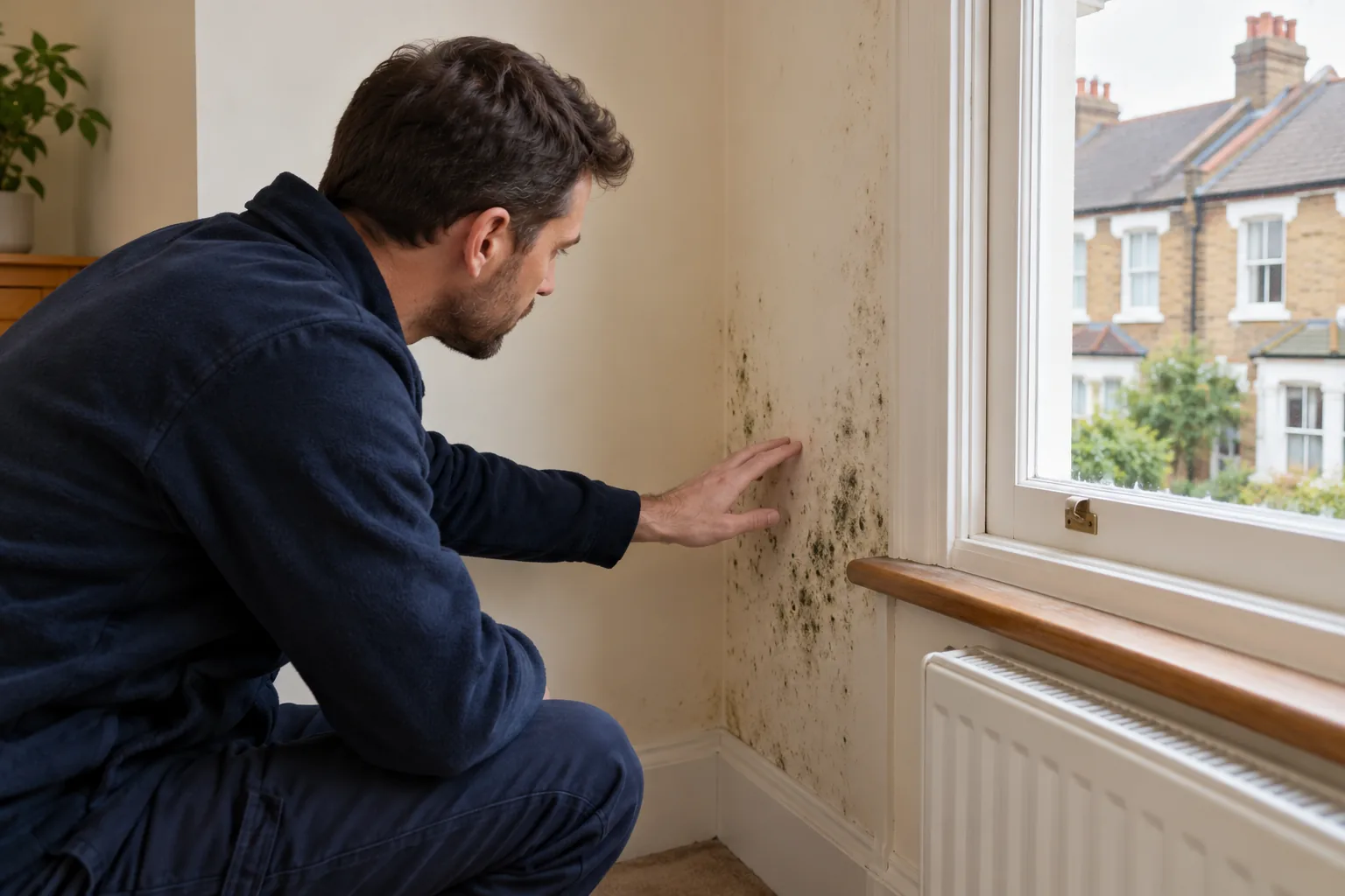 Illustrative assessment of mould on a British home wall beside a sash window